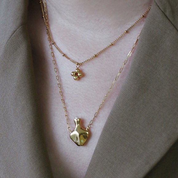 NEW 18K Gold Plated Bead Clover Pearl Flower Vase Double Layer Chain Necklace - Picture 1 of 12